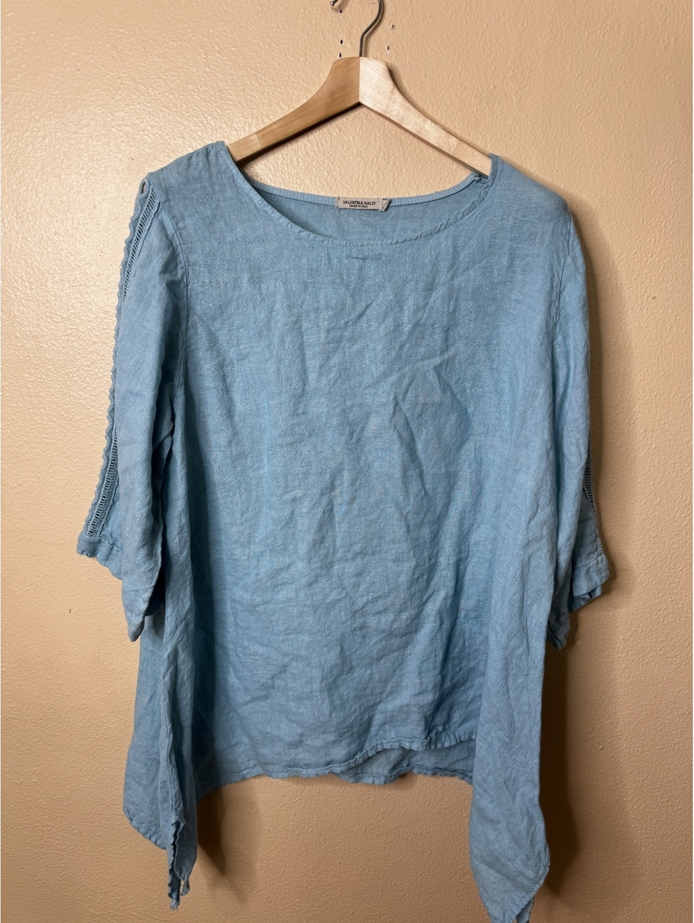Valentina Naldi Women’s 2X Blue 100% Linen Blouse Eyelet Sleeves Made in Italy